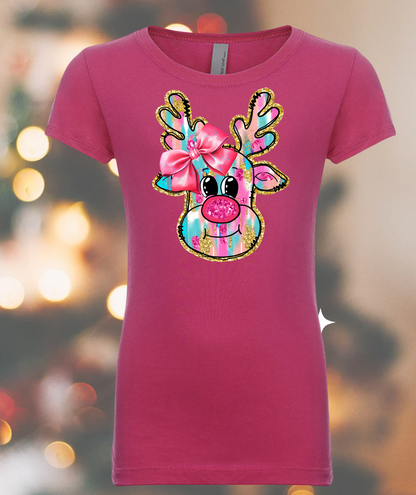 Pink & Faux Glitter Reindeer - Christmas Holiday Shirt