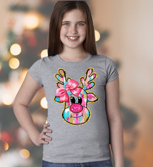 Pink & Faux Glitter Reindeer - Christmas Holiday Shirt